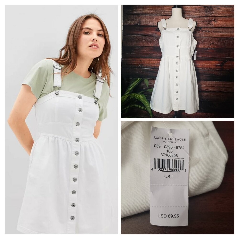 NWT American Eagle Outfitters Large White Denim Overall Dress Button Up Pockets - Picture 1 of 10